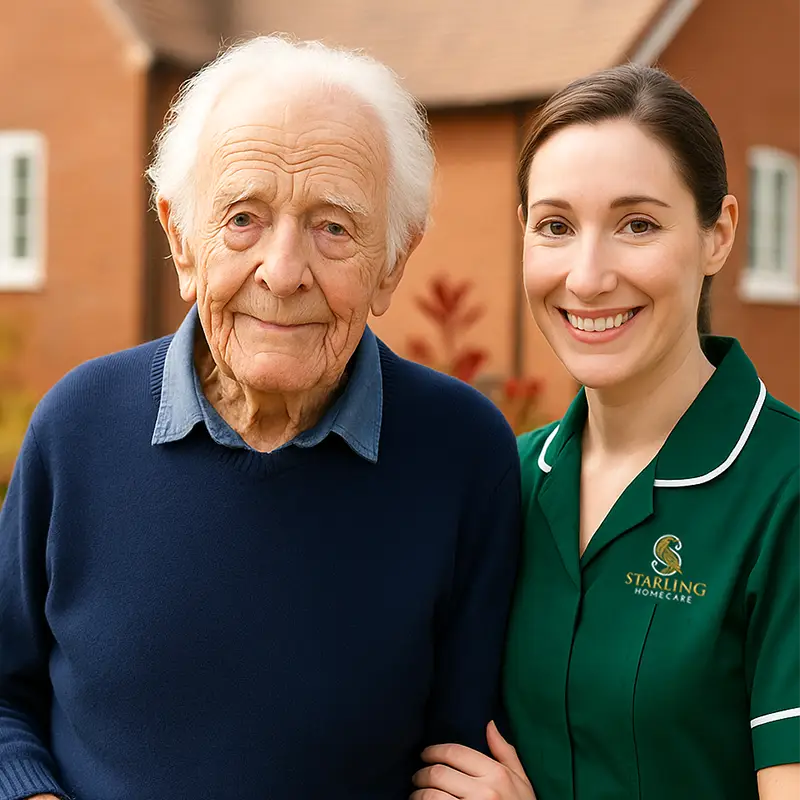 Starling Homecare carer supporting elderly man outside home in St Albans