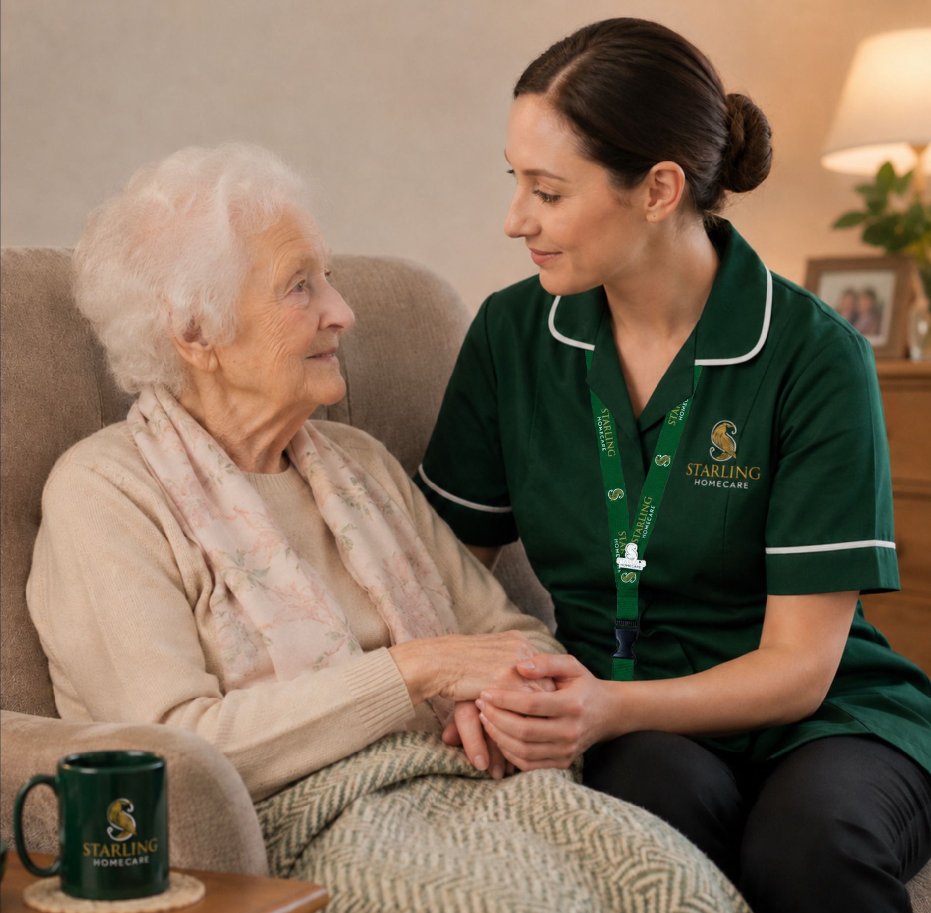 Starling Homecare carer providing compassionate end of life care at home to an elderly woman