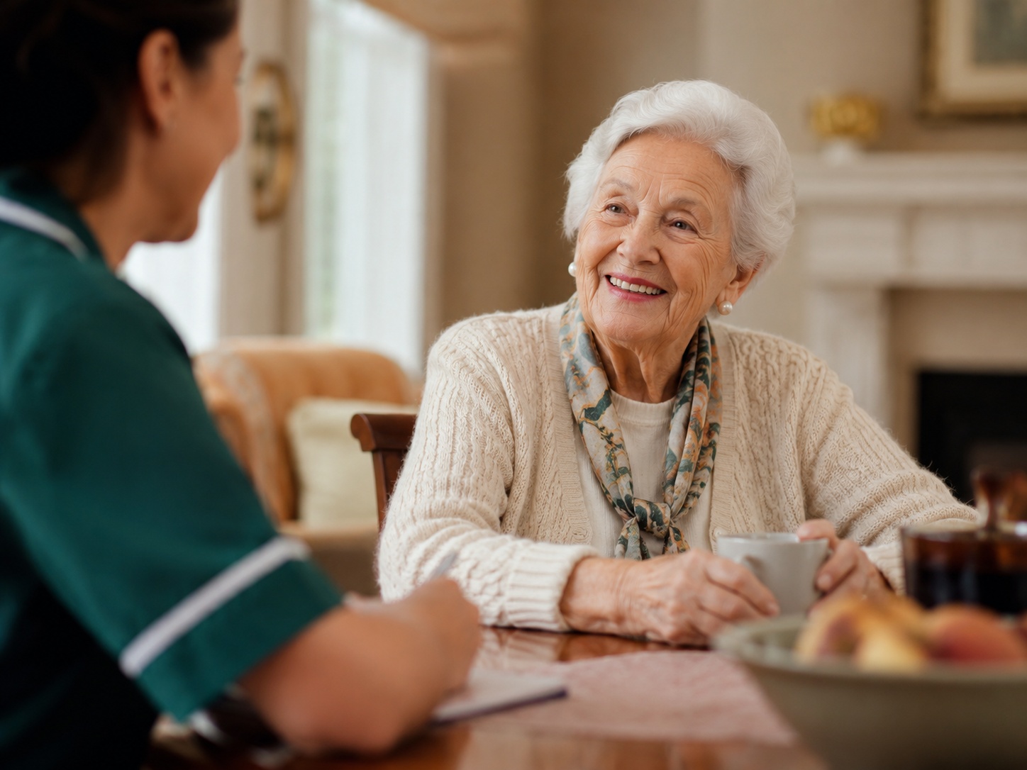 Premium Home care for Elderly Clients at Home Elderly woman smiling at a Starling Homecare carer in a comfortable home setting