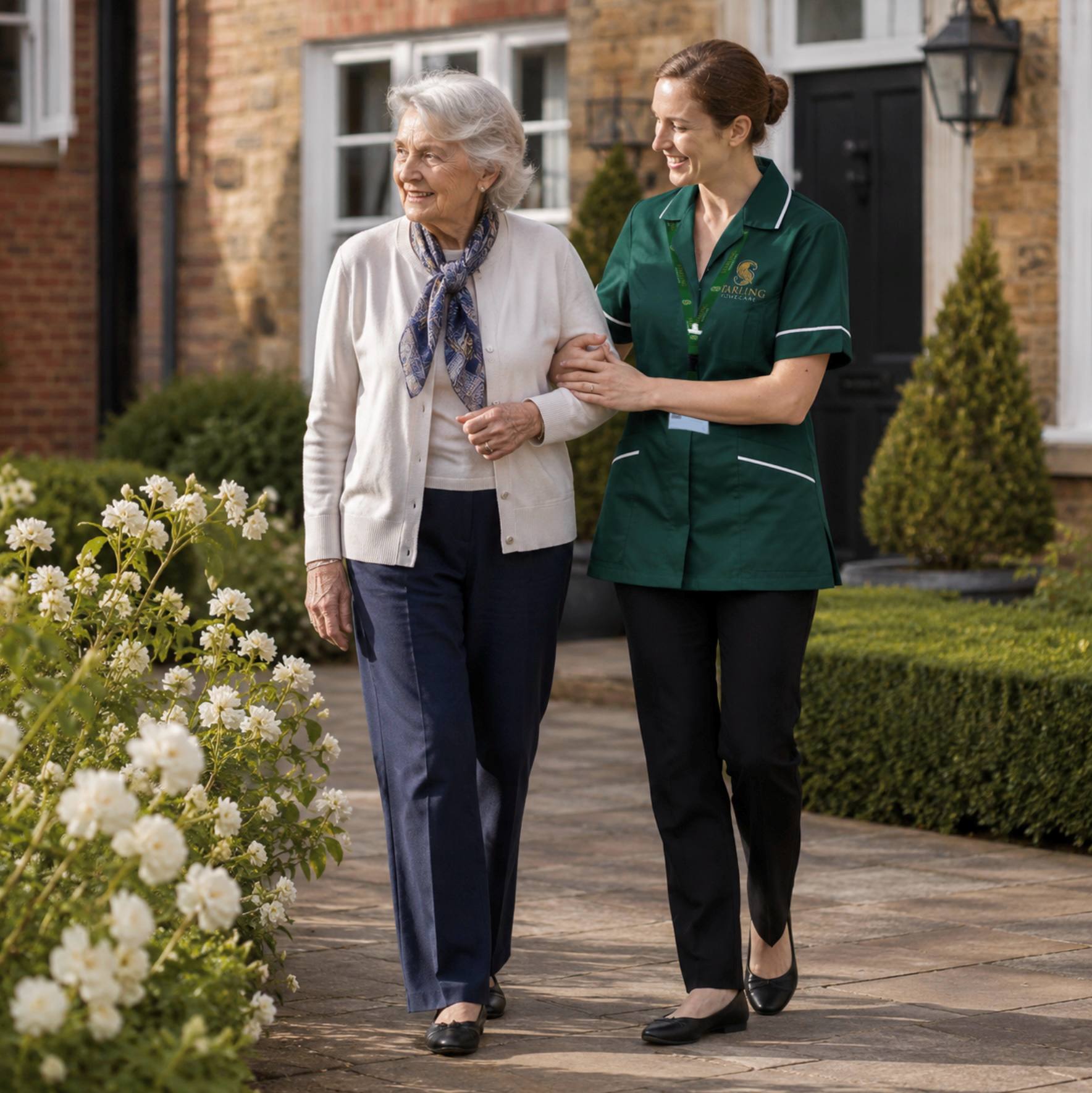 Premium Home Care Support for Elderly Adults | Starling Homecare Elderly woman walking arm-in-arm with a Starling Homecare carer outside a home.