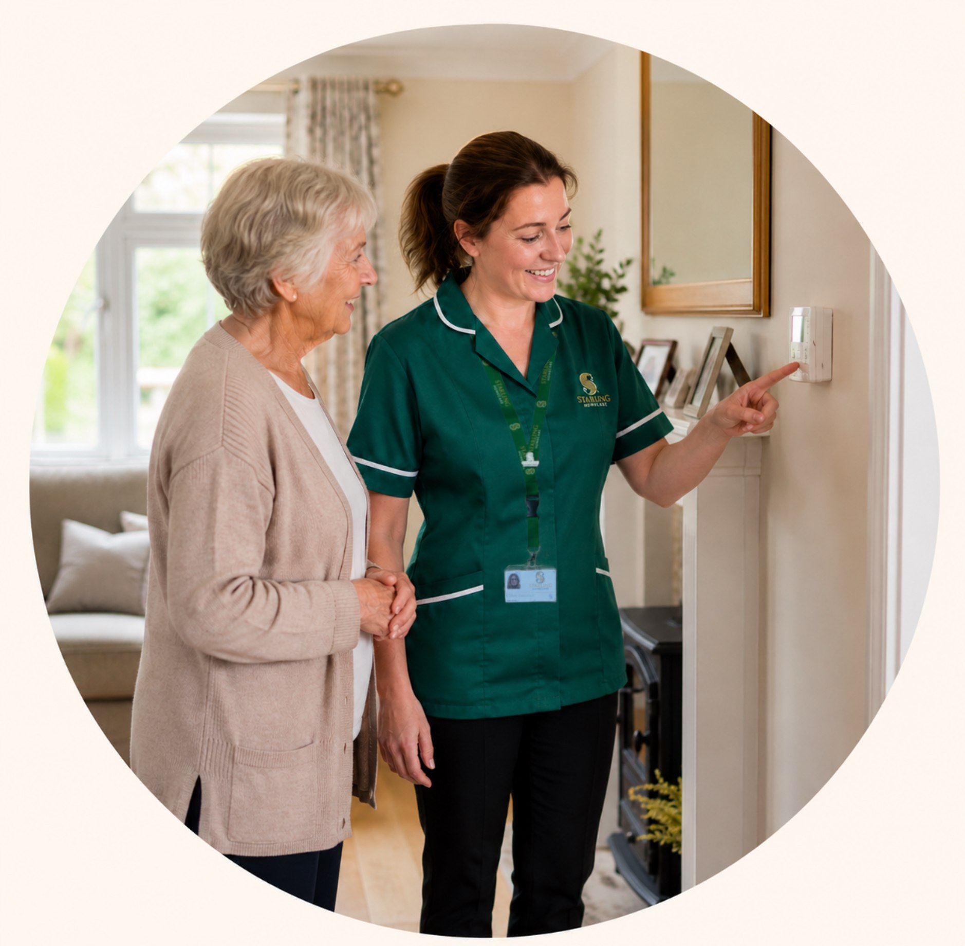 Home Care Support with Thermostat Guidance Starling Homecare carer helping an elderly woman with a wall thermostat in a bright living room