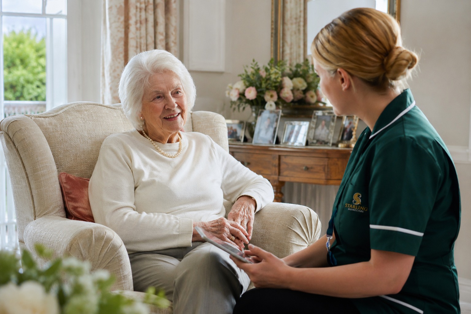 Starling Homecare in Radlett and Shenley Elderly woman receiving home care in Radlett from a Starling Homecare carer