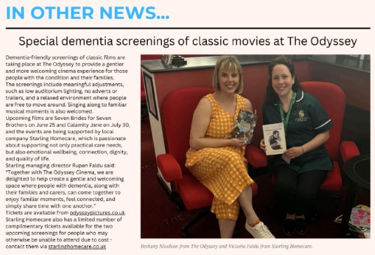 Starling Homecare Partnership with The Odyssey Cinema for Dementia-Friendly Screenings Starling Homecare and The Odyssey Cinema staff promoting dementia-friendly classic movie screenings in St Albans