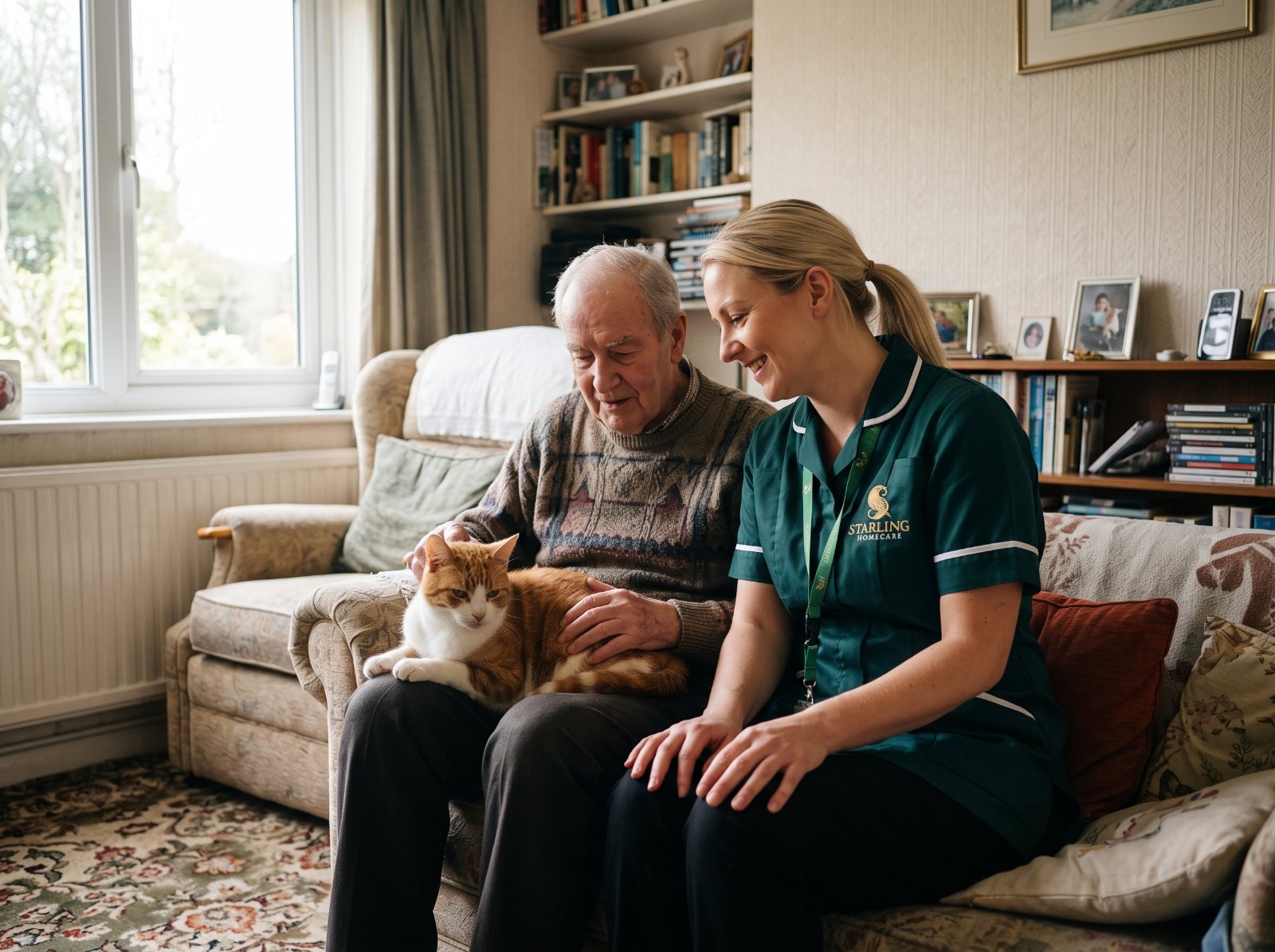 Starling Homecare carer sitting with an older man and his cat at home in St Albans