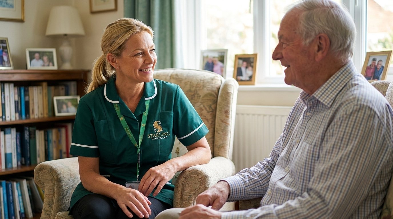 Continuity of care at home in Berkhamsted, Starling Homecare A Starling Homecare carer and an older man in easy conversation during a home care visit in Berkhamsted, the same familiar carer who visits regularly.