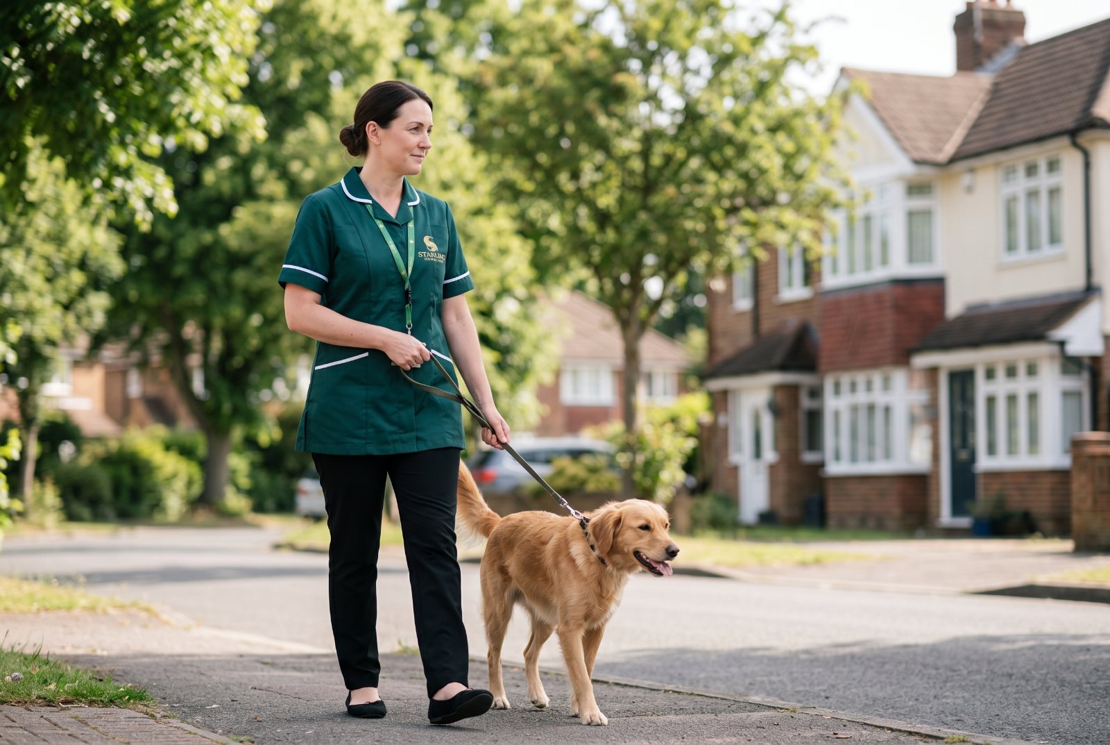 Starling Homecare carer walking a friendly dog along a leafy street in Hertfordshire