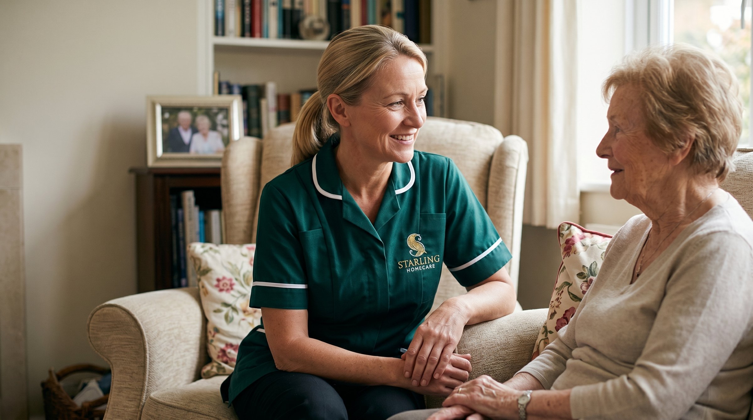home-care-hertford-hertfordshire A Starling Homecare carer providing home care in Hertford, sitting beside an older woman in her living room.