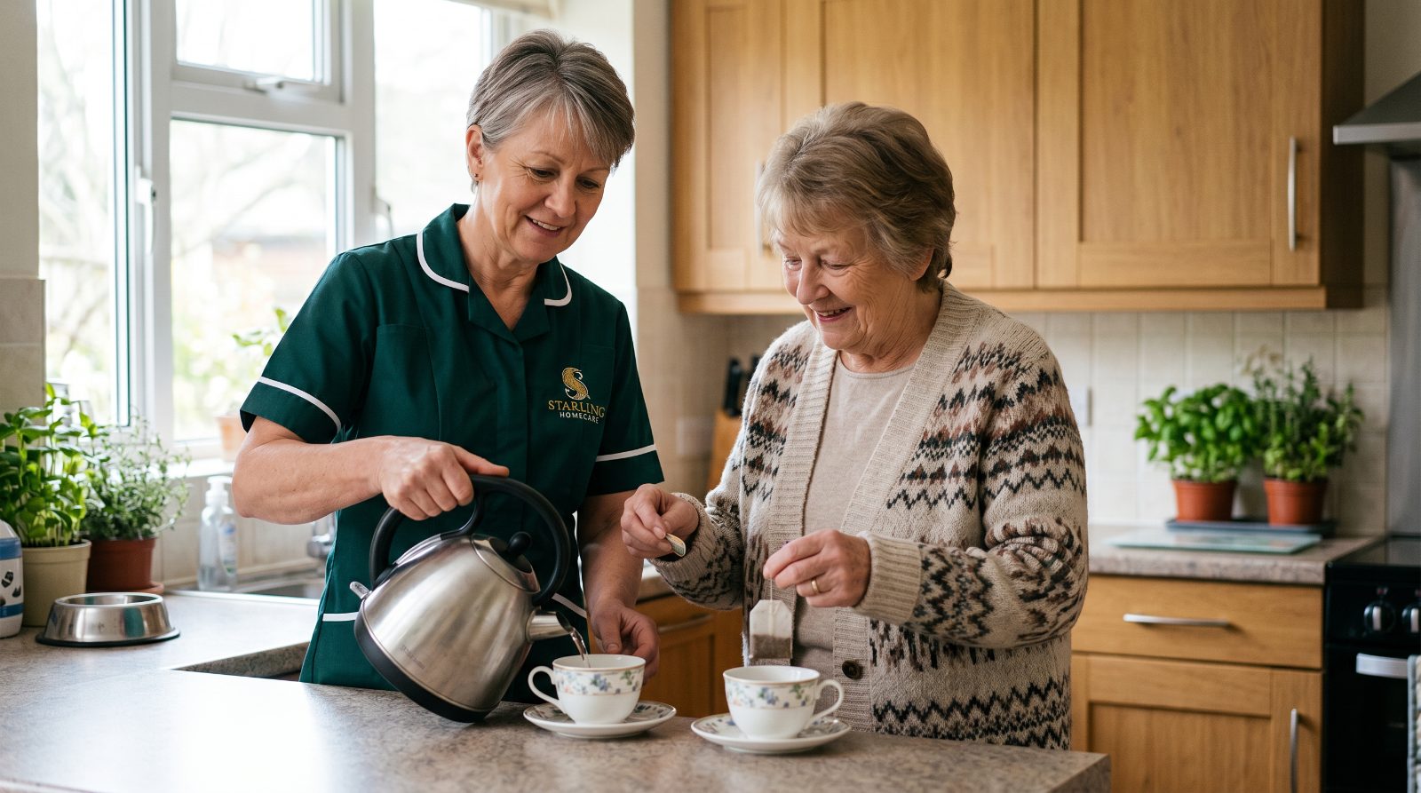 A Starling Homecare carer making a cup of tea with an older woman in her kitchen during home care in St Albans, a warm everyday moment.