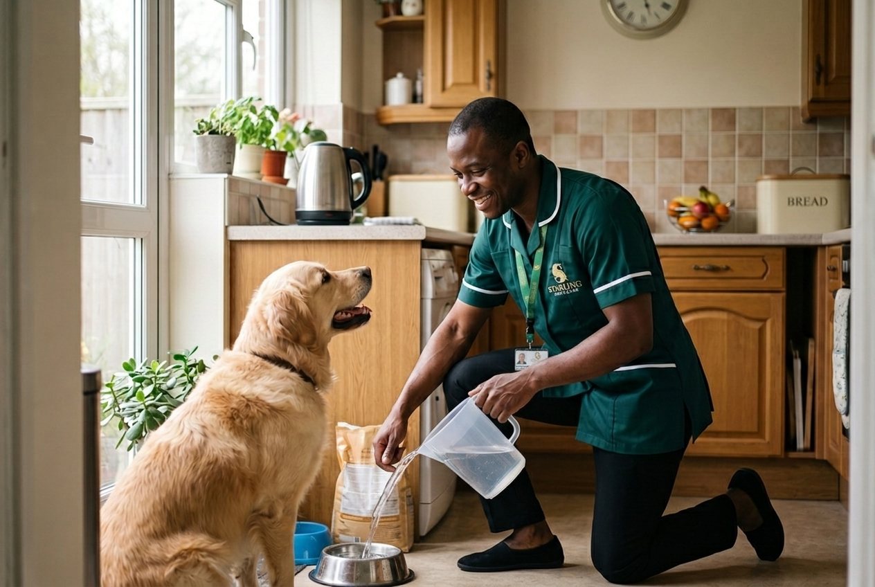 Starling Homecare carer looking after a dog at home while the owner is in hospital, in St Albans