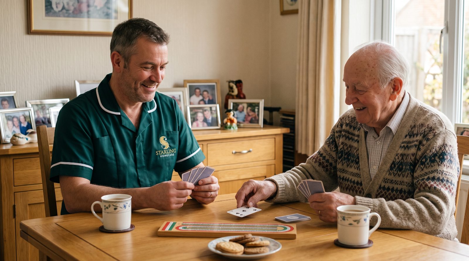 A Starling Homecare carer playing cards with an older man at his dining table during a companionship care visit in Hitchin