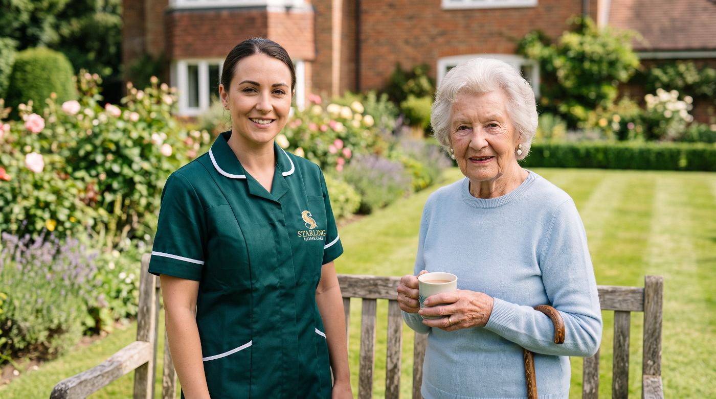 dementia-support-welwyn-garden-city-hatfield-carer-client A Starling Homecare carer in the garden with an older client, dementia support in Welwyn Garden City and Hatfield