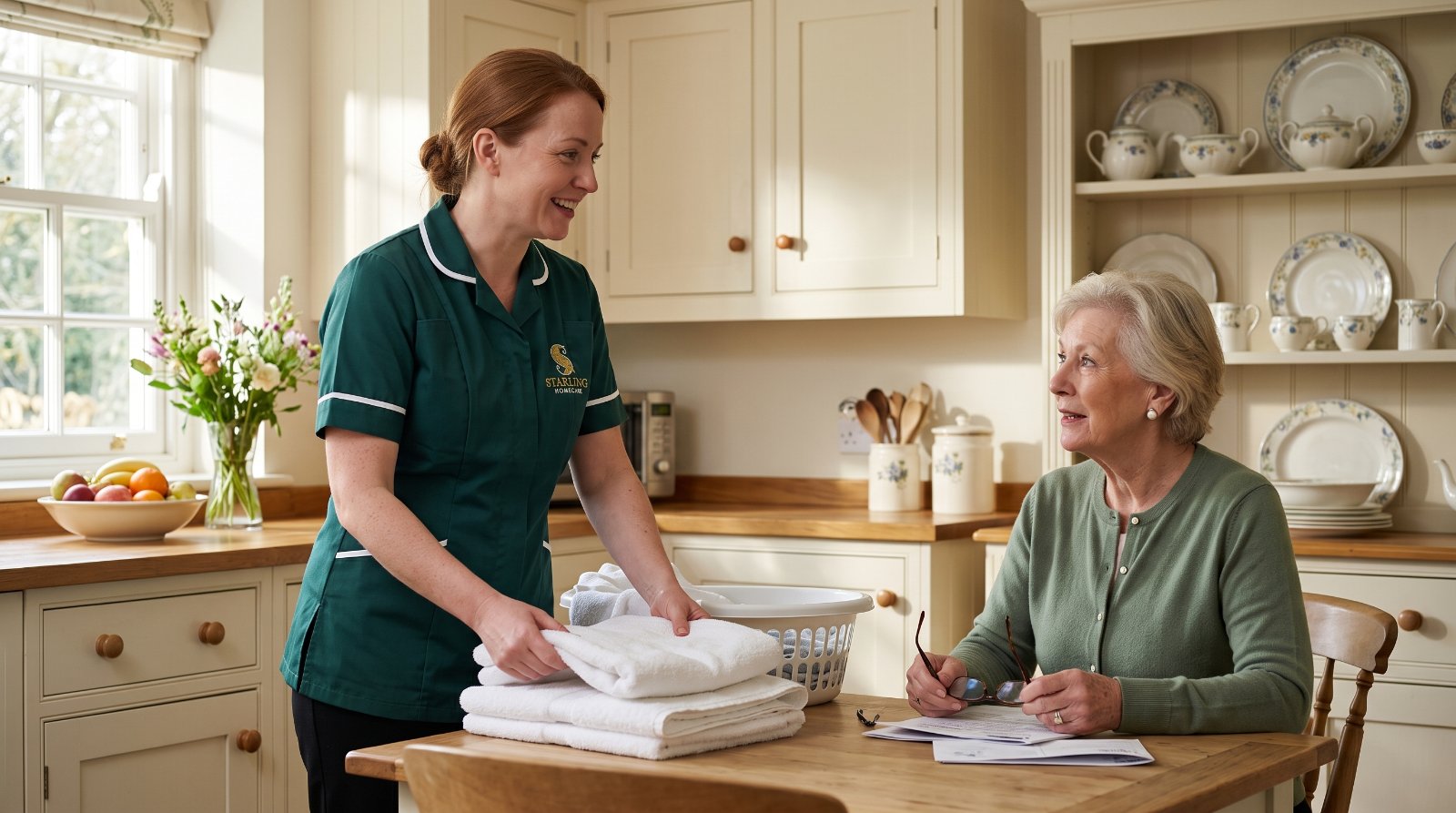 A Starling Homecare carer folding fresh towels while her client sorts the post during a domestic support visit at home in Hitchin