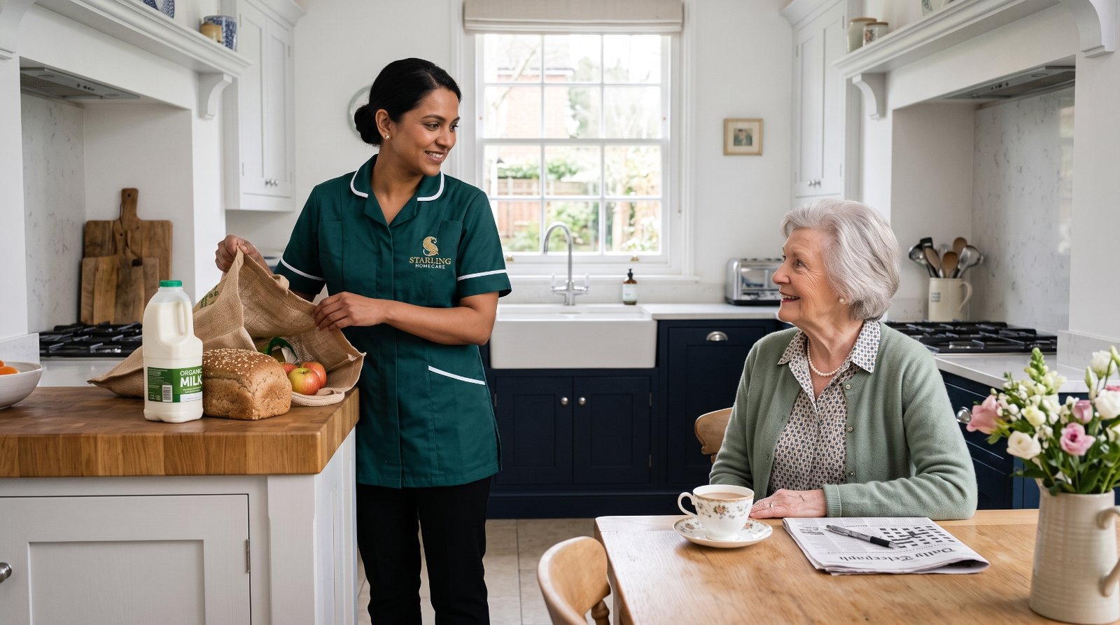 A Starling Homecare carer providing domestic support in St Albans, unpacking the weekly shopping in a bright kitchen while an older woman enjoys a cup of tea.
