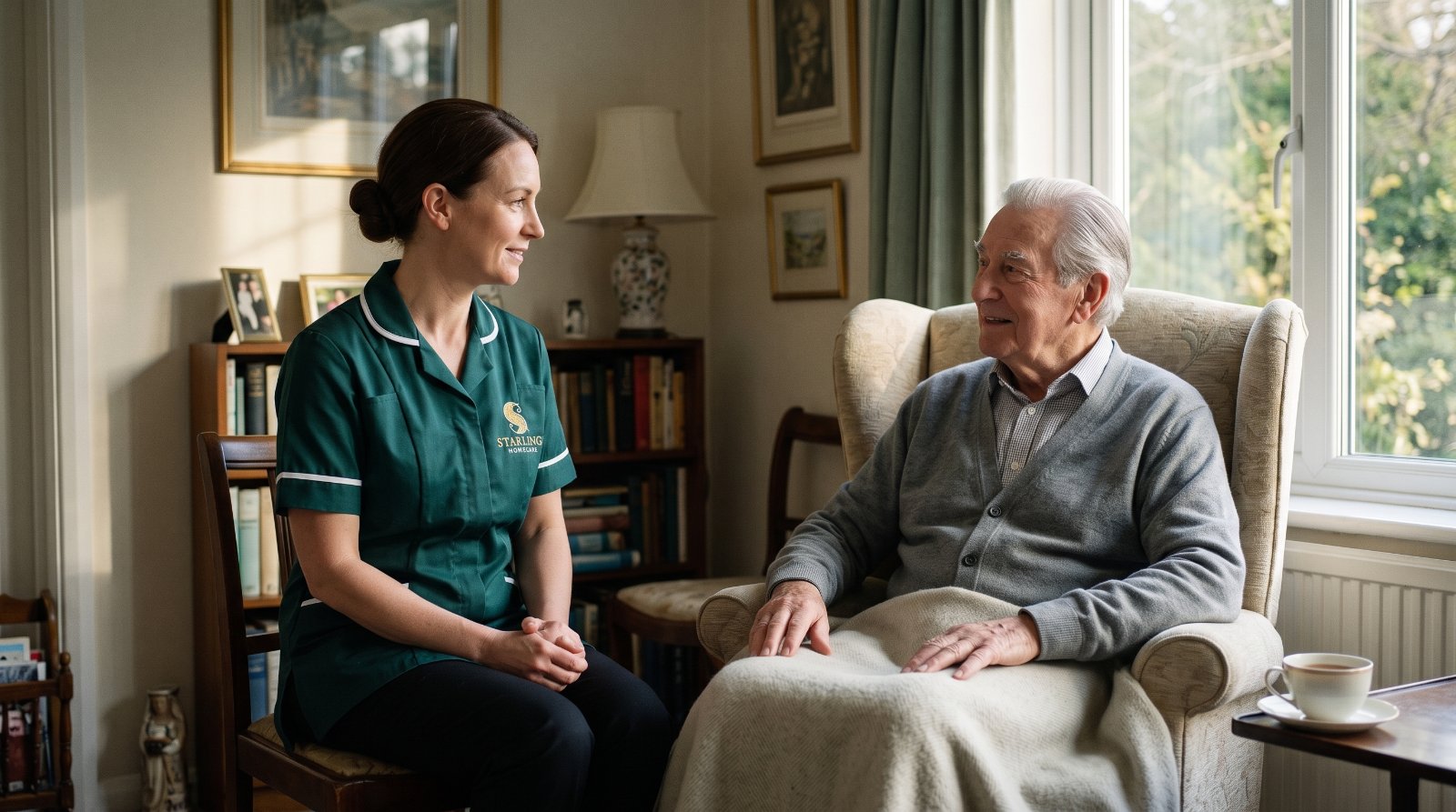 end-of-life-care-at-home-hemel-hempstead-hertfordshire A Starling Homecare carer providing end of life care at home in Hemel Hempstead, sitting in gentle conversation with an older gentleman beside the window.