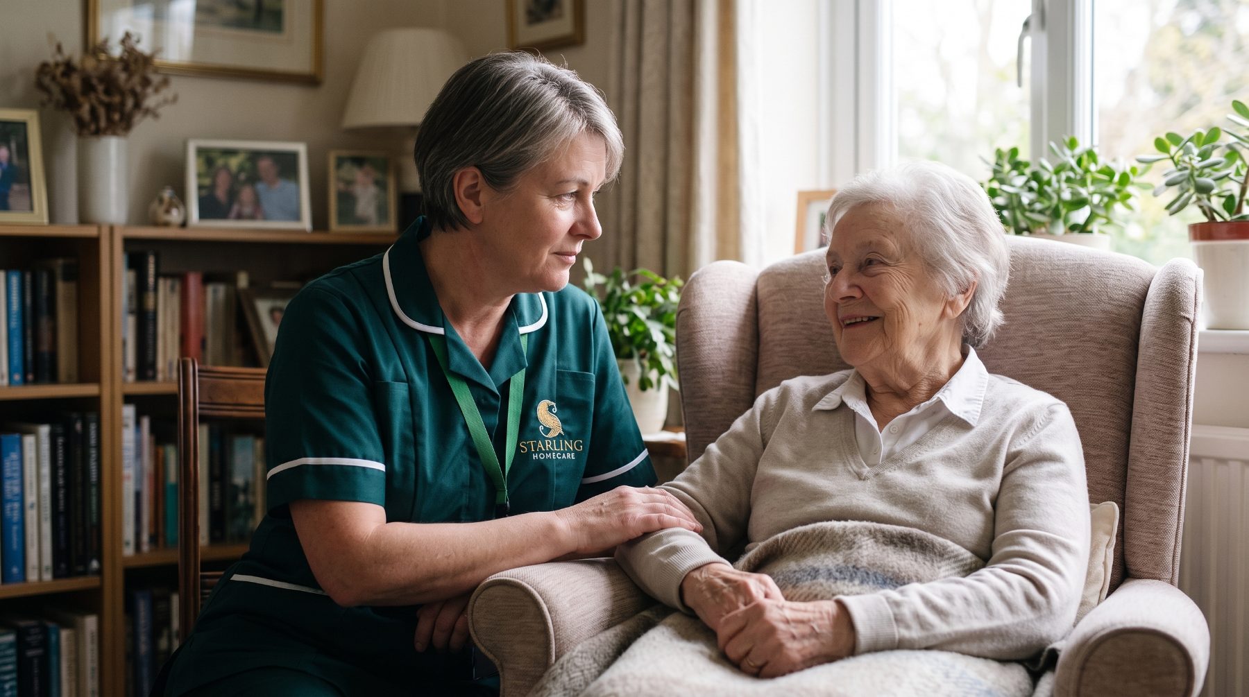 A Starling Homecare carer sitting with an older woman during a gentle end of life care visit at home in Hitchin