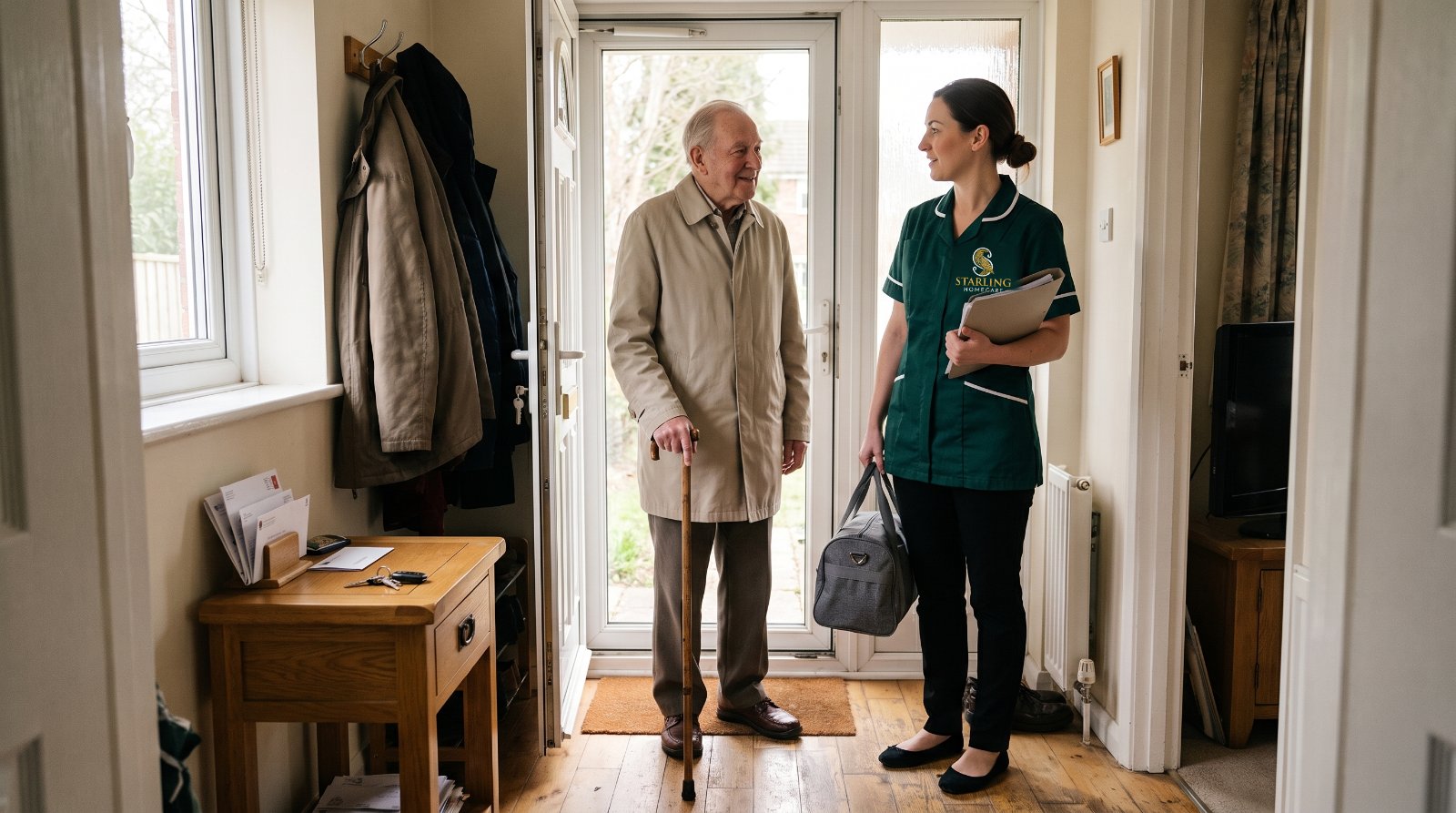 A Starling Homecare carer welcoming an older man home from hospital in his hallway in Hemel Hempstead, carrying his bag and care folder.