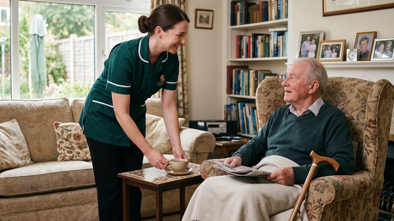 A Starling Homecare carer bringing a cup of tea to an older man recovering in his armchair at home after a hospital stay in Hitchin
