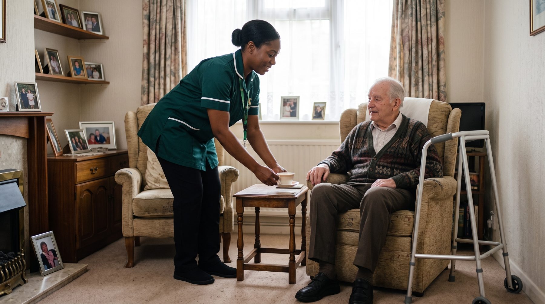 A Starling Homecare carer bringing a cup of tea to an older man recovering in his armchair during a home care visit after hospital in St Albans