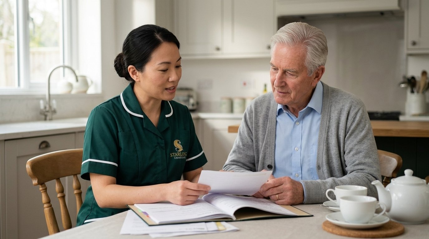 home-care-agency-st-albans-starling-homecare A Starling carer going through a care plan with an older man at his kitchen table, Starling Homecare St Albans