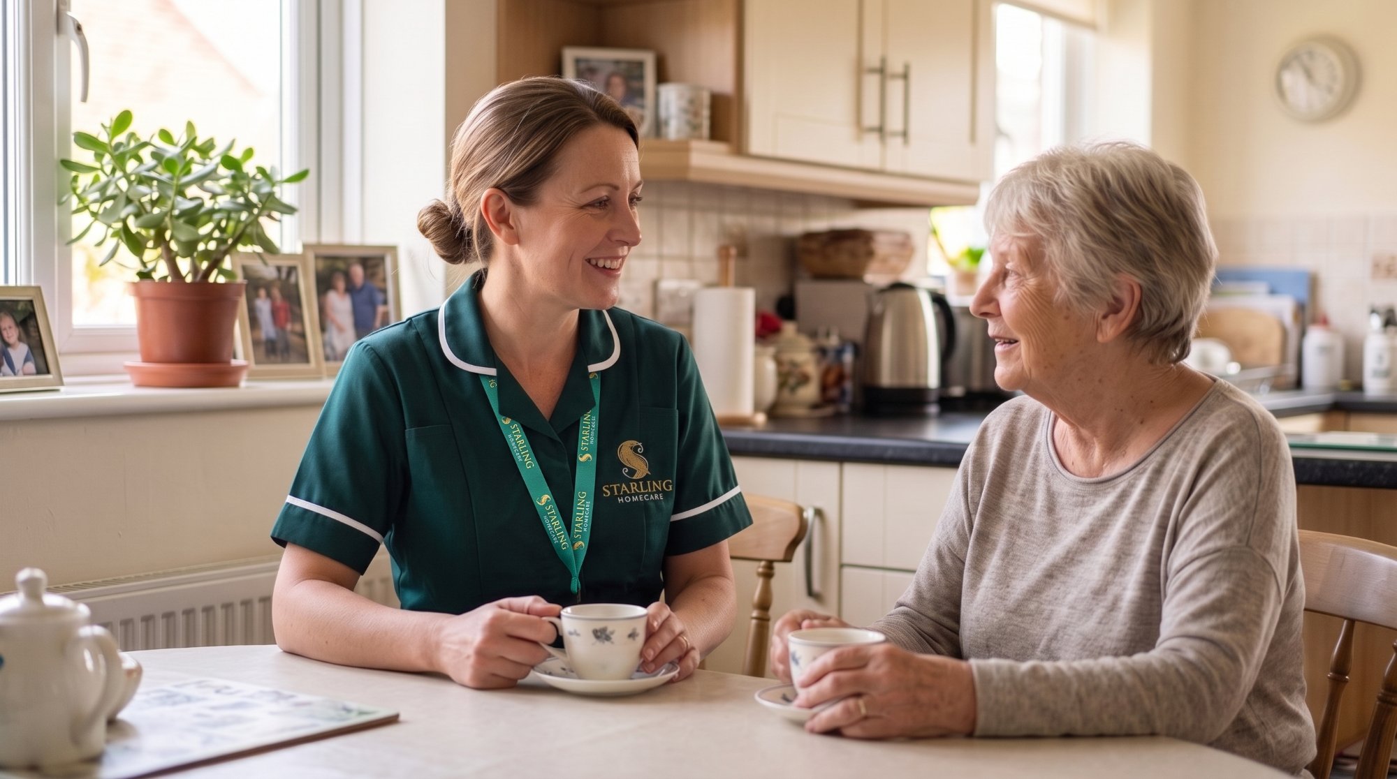 A Starling Homecare carer sharing a cup of tea with a content older woman at home in Berkhamsted