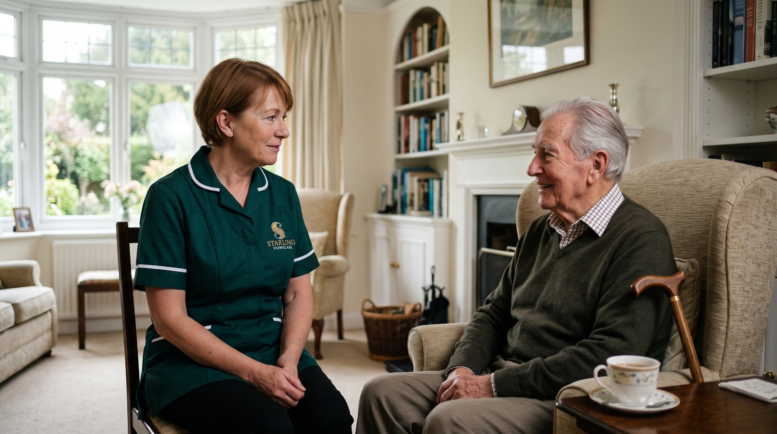 Starling Homecare carer talking with an older gentleman in his sitting room while a family weighs home care or a care home in Harpenden