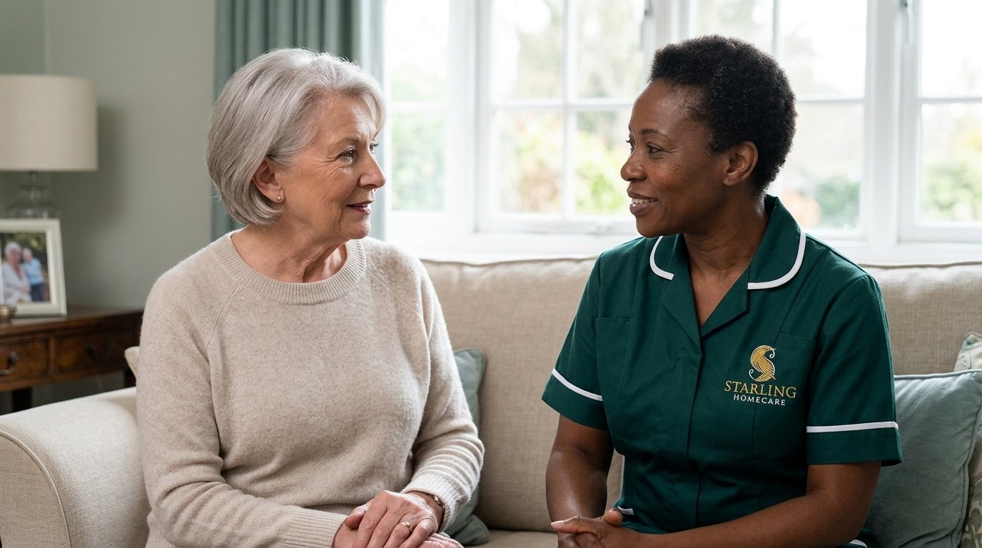A Starling carer and an older woman in easy conversation in a Hitchin living room, Starling Homecare Hitchin