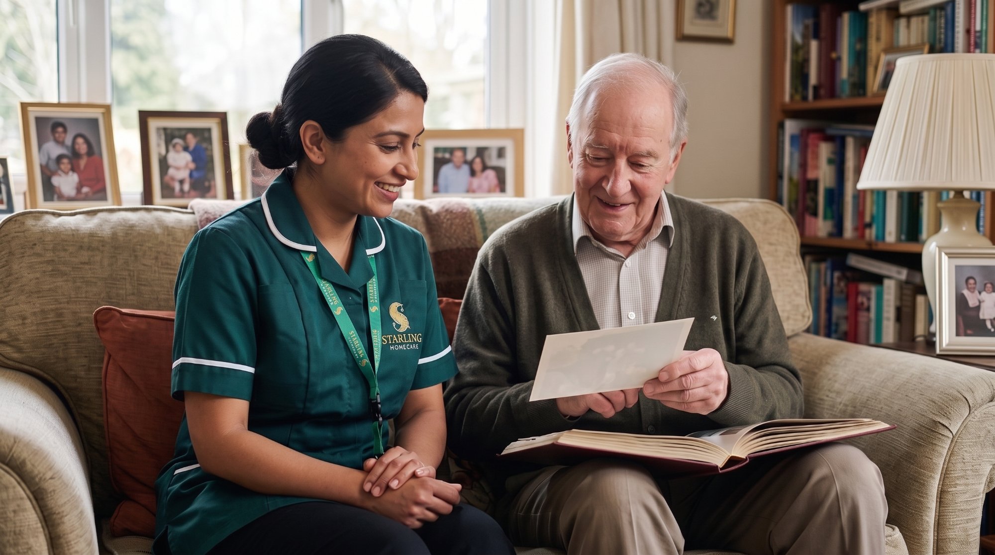 A Starling Homecare carer looking through a photo album with an older man at home in Tring