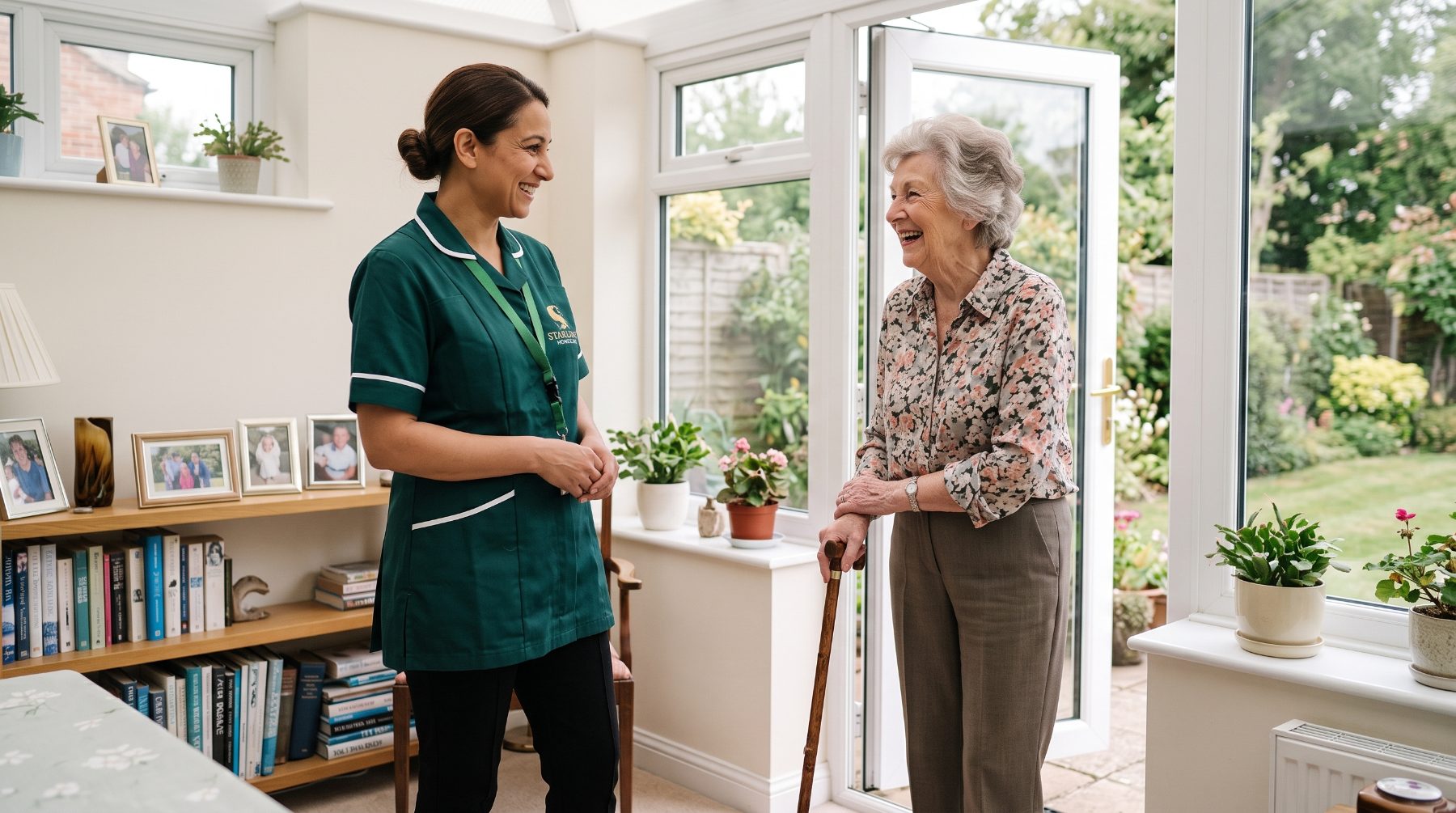 Later life care at home in Hemel Hempstead A Starling Homecare carer chatting with an independent older woman holding a walking stick during a later life care visit at home in Hemel Hempstead