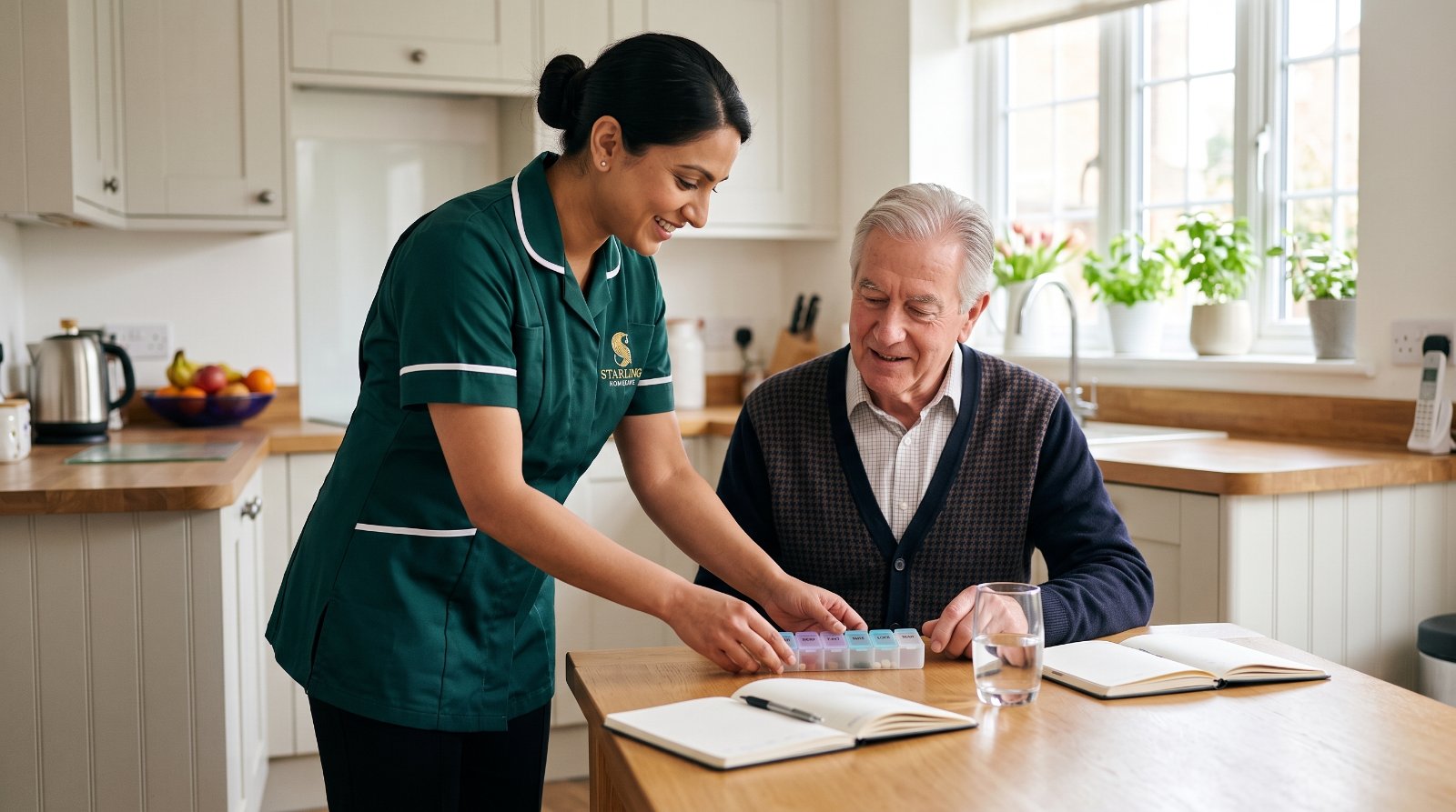 medication-support-at-home-hertford-starling-homecare A Starling Homecare carer providing medication support at home in Hertford