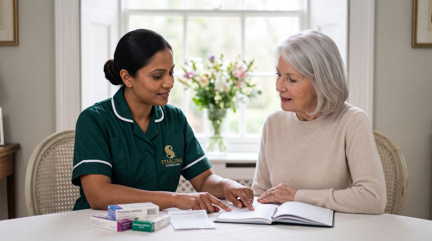 medication-support-welwyn-garden-city-hatfield-starling-homecare A Starling Homecare carer going through repeat prescription paperwork with a client at home in Welwyn Garden City