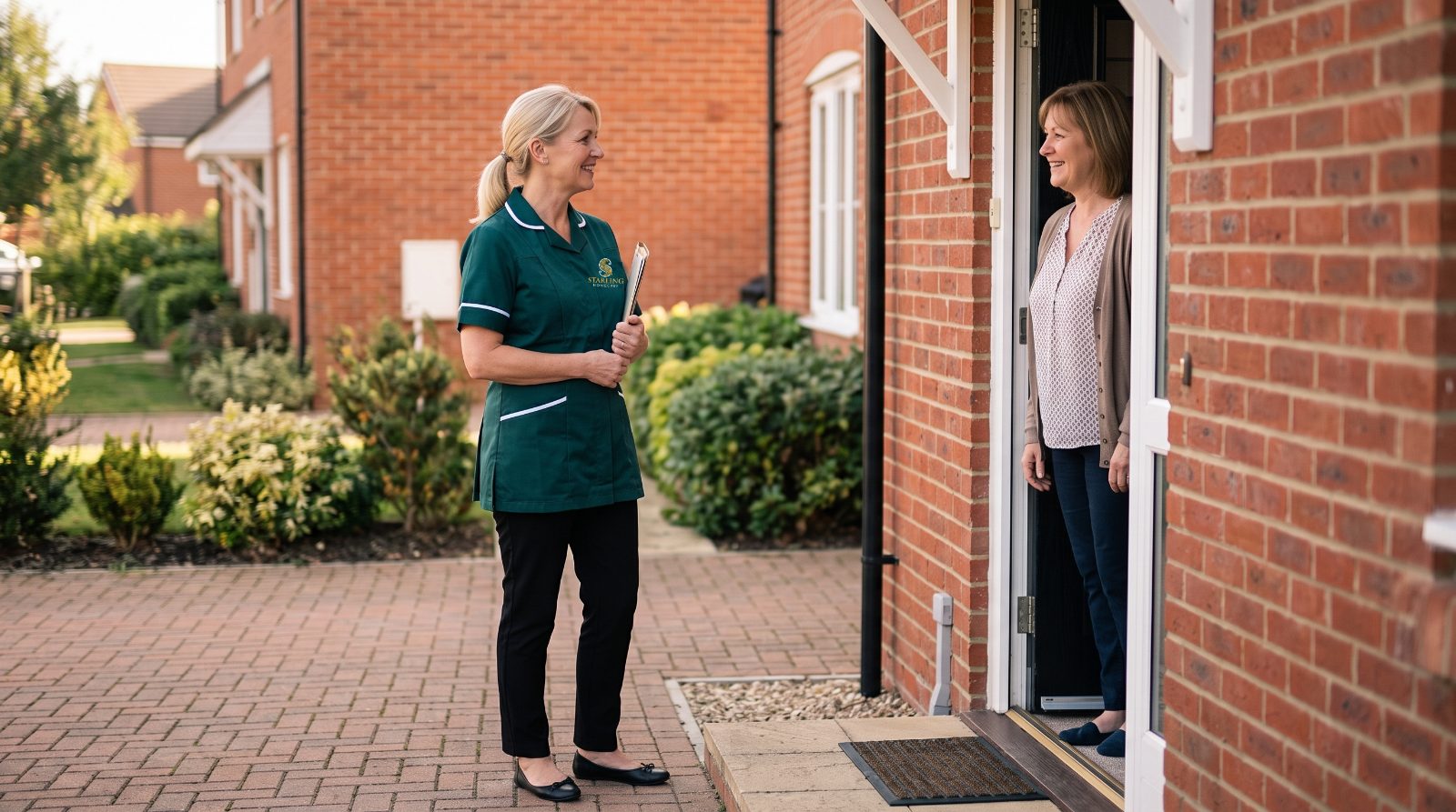 A Starling Homecare carer arriving at the front door to provide respite care in Hertfordshire, welcomed by a family carer
