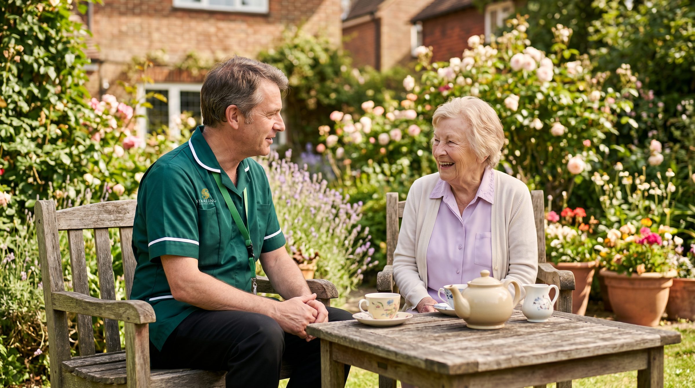 A Starling Homecare carer and an older woman enjoying tea together on a garden bench during a respite care visit at home in Tring
