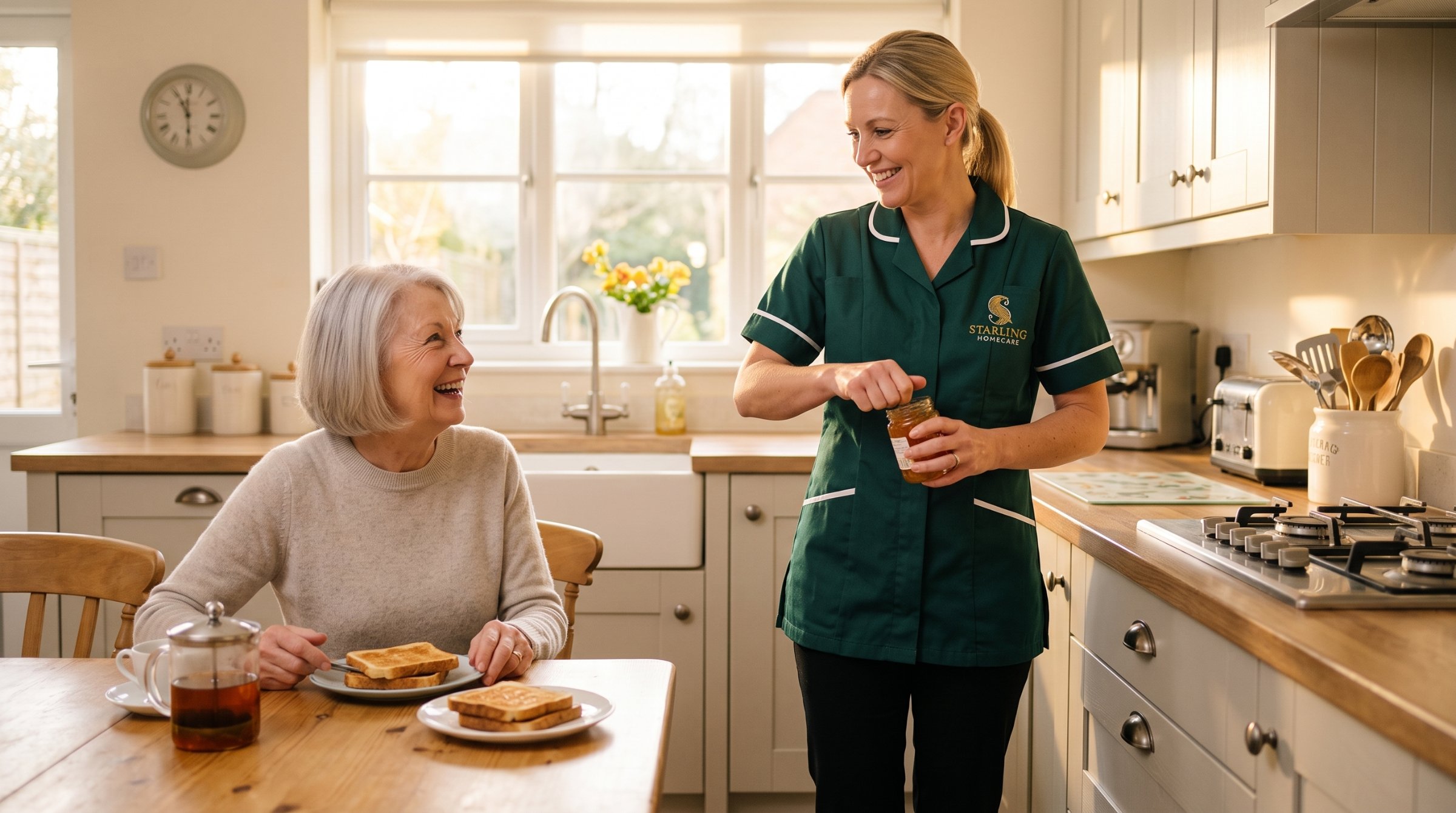 A Starling Homecare carer opening a jar for a client in her kitchen A Starling Homecare carer opening a jar for a client in her kitchen