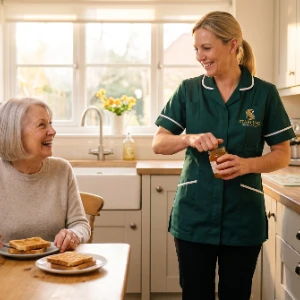 Arthritis care at home, a carer helping an older woman at breakfast