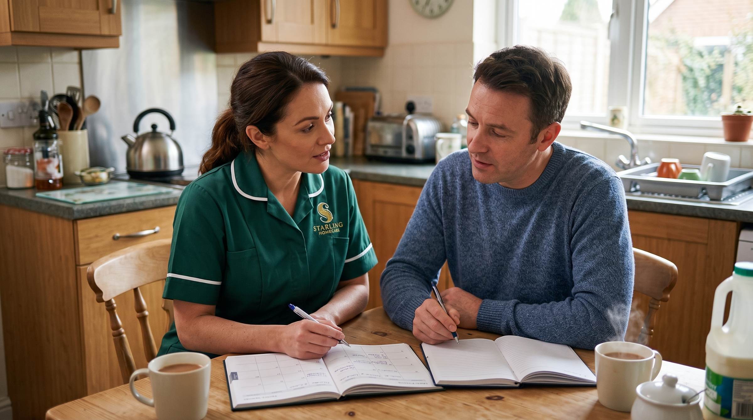 A Starling Homecare carer bringing a cup of tea to a woman at her kitchen table at home A Starling Homecare carer bringing a cup of tea to a woman at her kitchen table at home