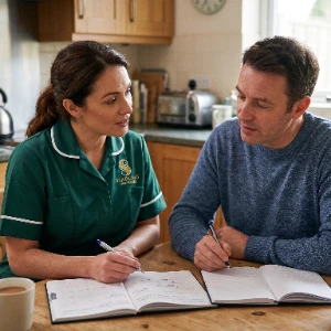 FND care at home, a Starling Homecare carer bringing a cup of tea to a woman in her kitchen