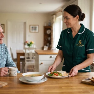 Cancer care at home, a carer bringing a meal to an older man
