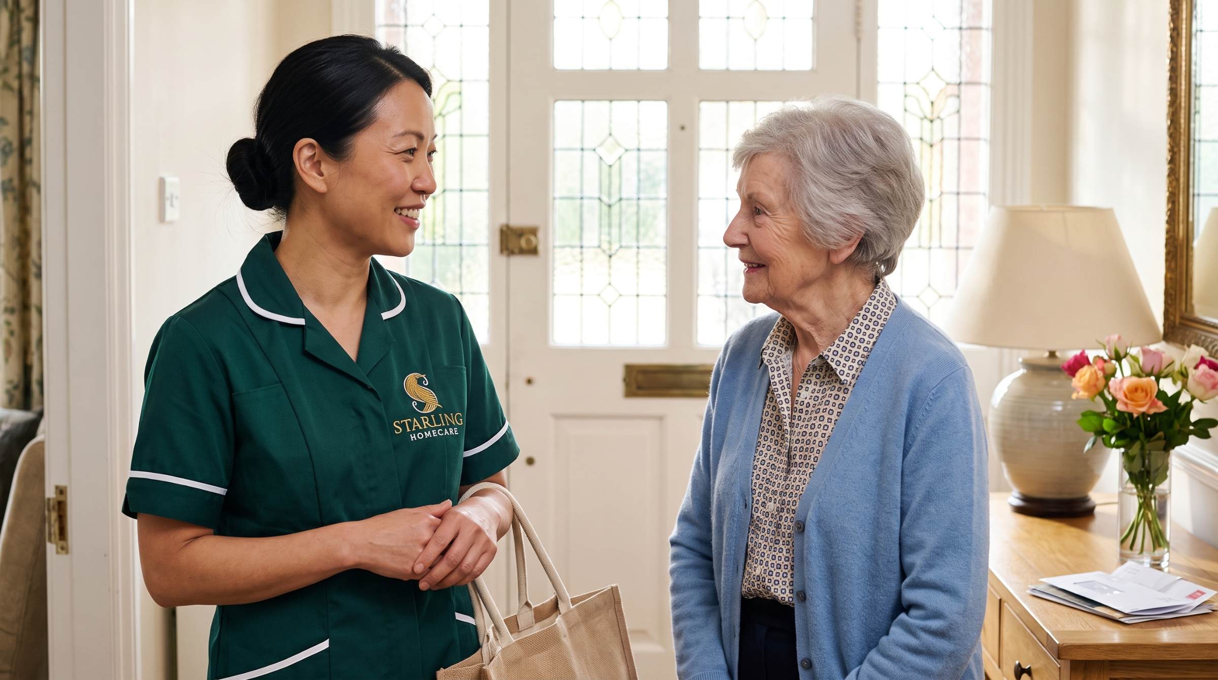 Caring for someone living alone in St Albans Starling Homecare carer talking with an older woman living alone in St Albans, in her own hallway