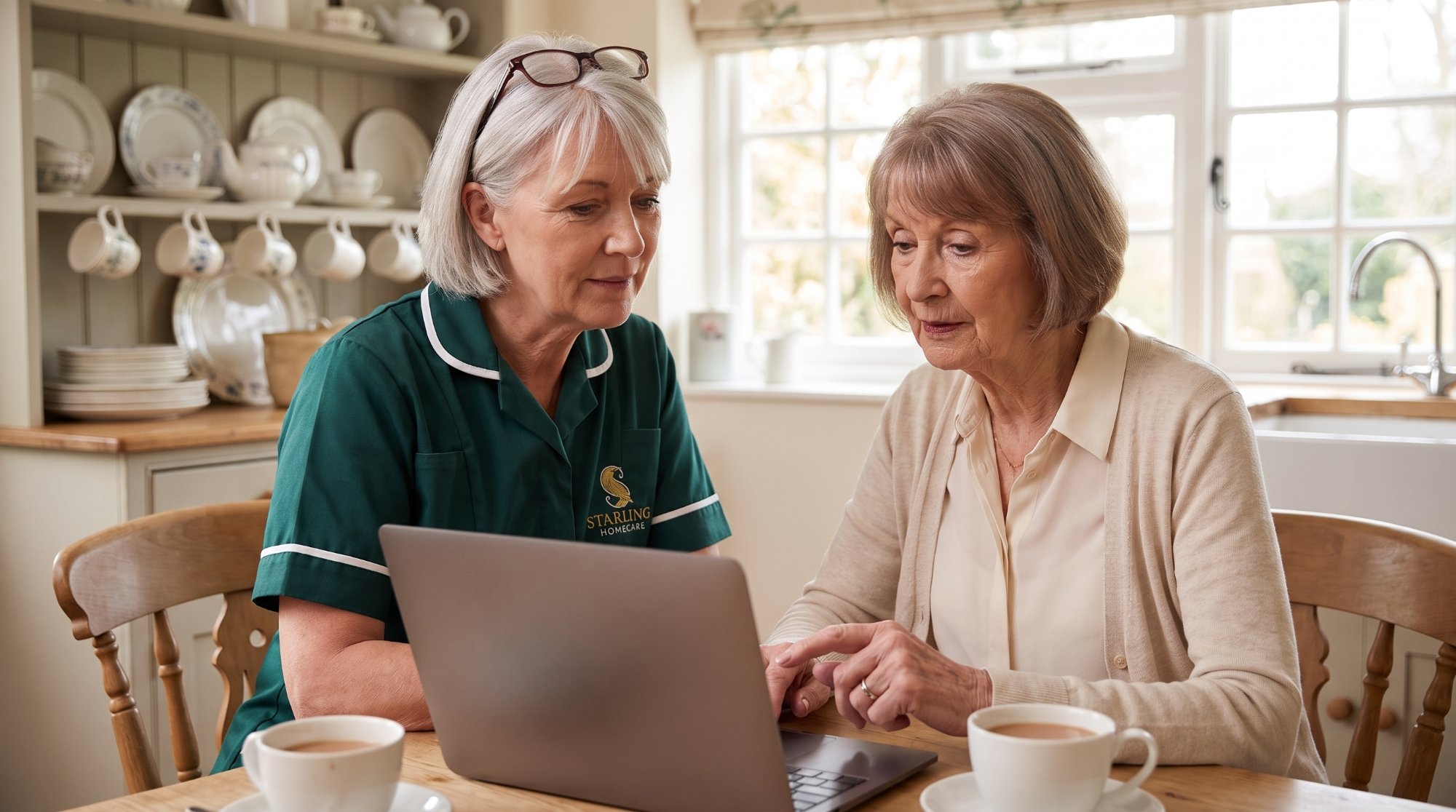 care-needs-assessment-hertfordshire A Starling Homecare carer helping a client complete a care needs assessment in Hertfordshire request on a laptop at her kitchen table