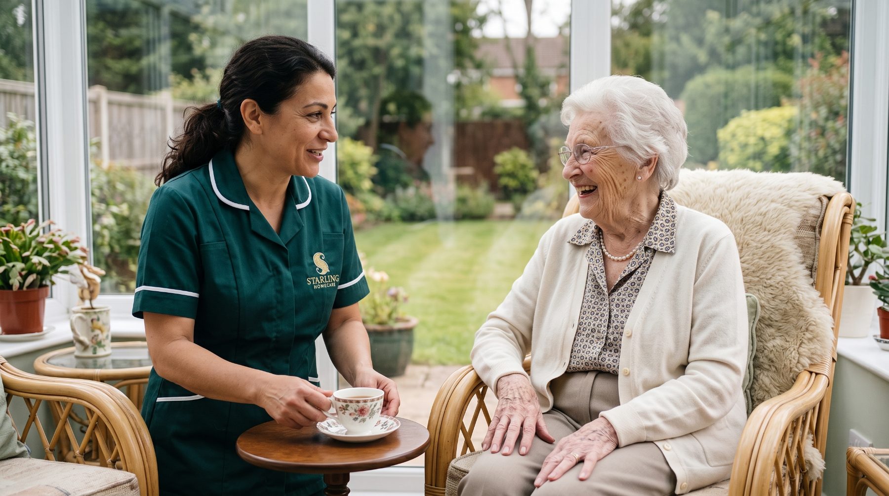 A Starling Homecare carer and an older woman laughing together in her conservatory, planning the weeks ahead with a private carer in Harpenden.