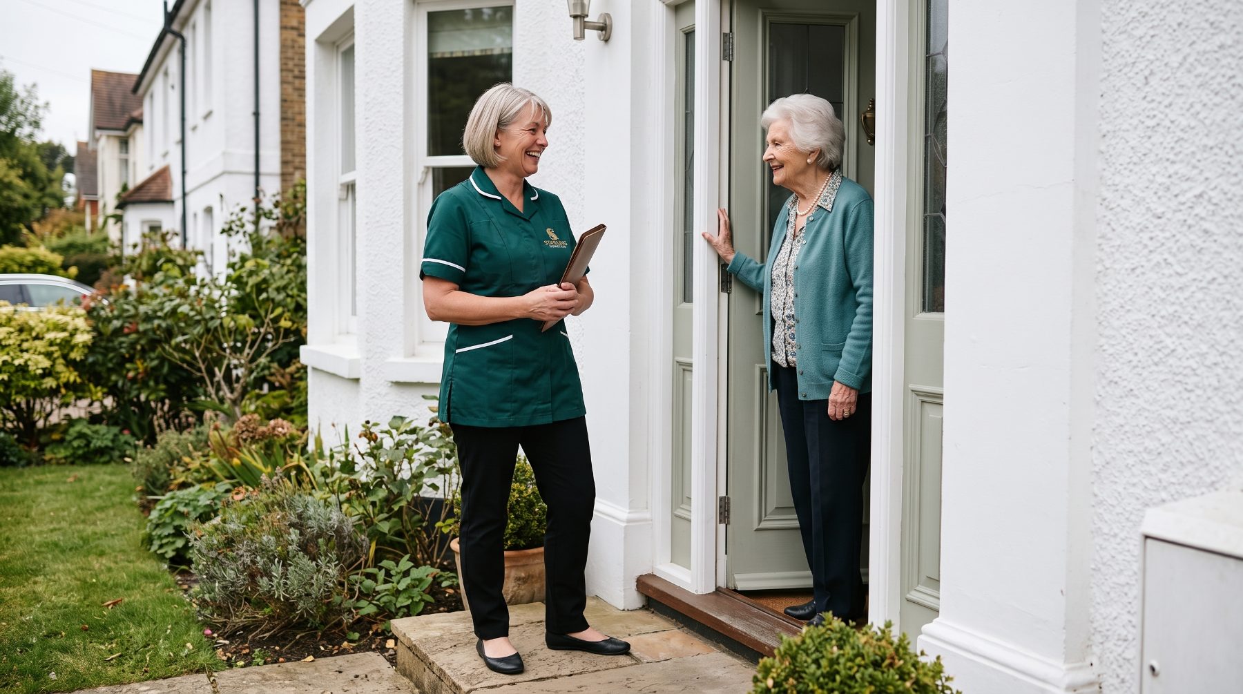 A Starling Homecare carer arriving at a client's front door in Harpenden, the continuity of carer to look for when choosing a home care agency in Harpenden.