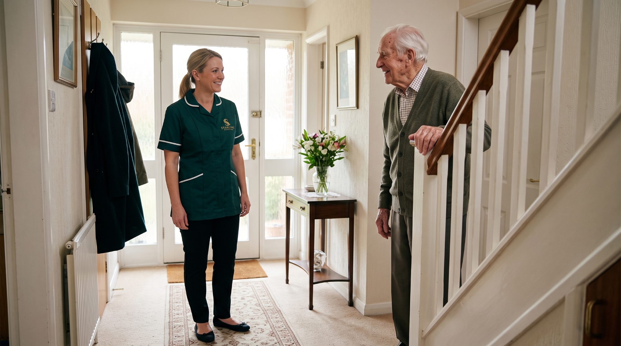 A Starling Homecare carer arriving in the hallway as an older gentleman greets her at the foot of the stairs, the daily reality of hiring a private carer in St Albans.
