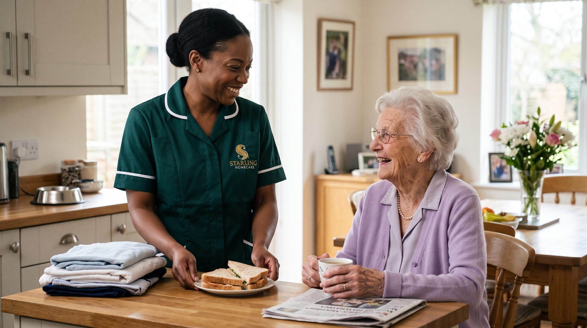 A Starling Homecare carer setting down lunch and putting away folded laundry in the kitchen while an older woman has her tea, domestic support at home in Hertfordshire.