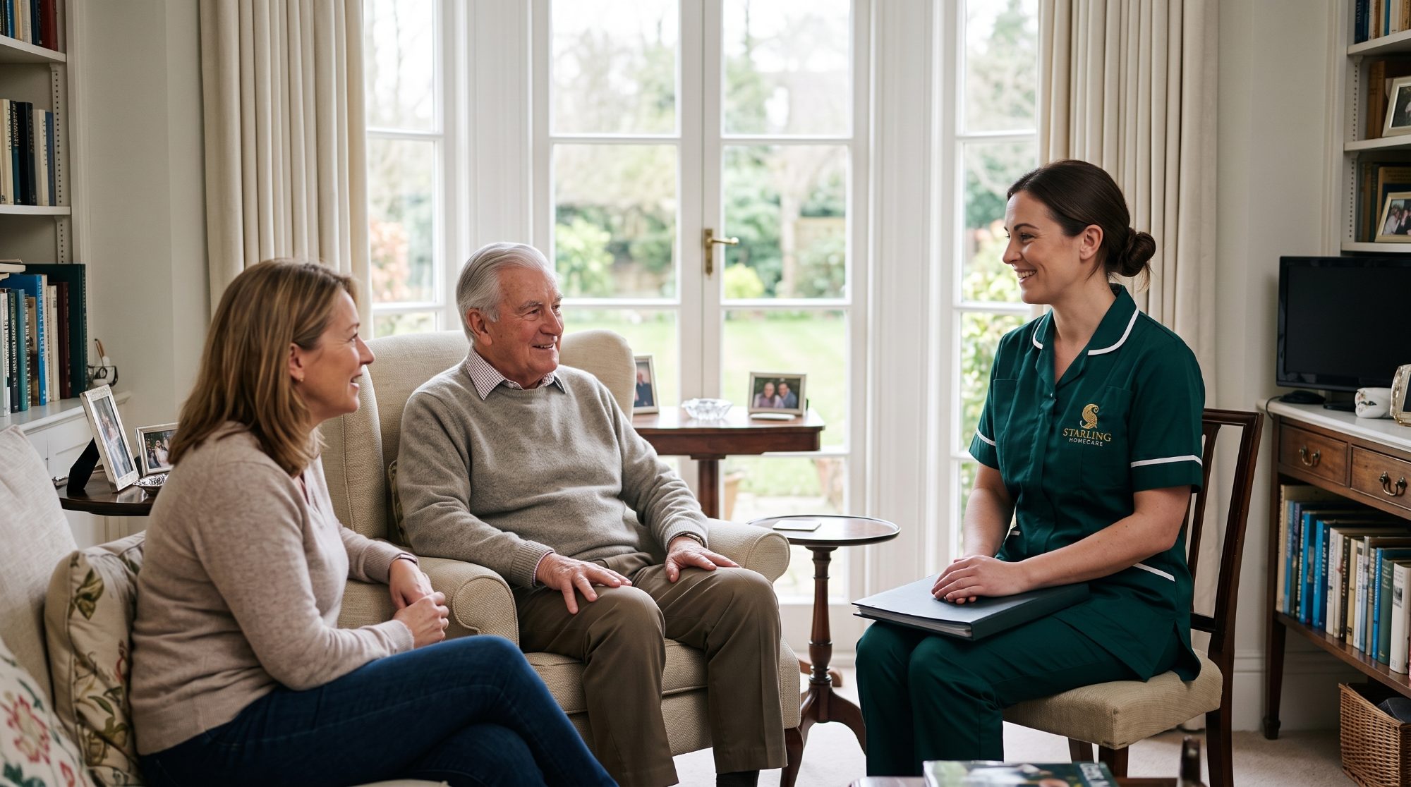 Home care or a care home in Welwyn Garden City A Starling Homecare carer talking with an older man and his daughter in his sitting room as they weigh up home care or a care home in Welwyn Garden City.