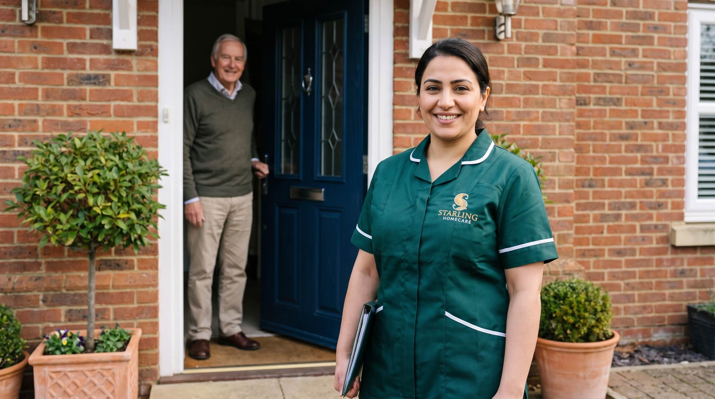 Starling Homecare carer arriving at a Hertfordshire home to cover while a working family member takes carer's leave
