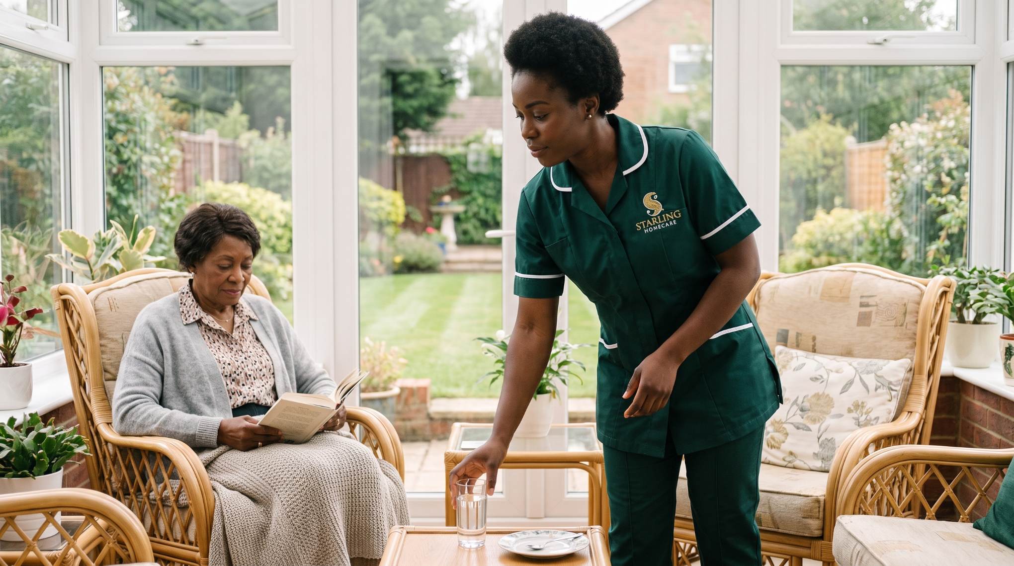 Starling Homecare carer setting down a drink beside an older woman at home while caring for someone with cancer in Hertfordshire