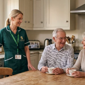 Live-in care for couples, a carer with an older couple at their kitchen table
