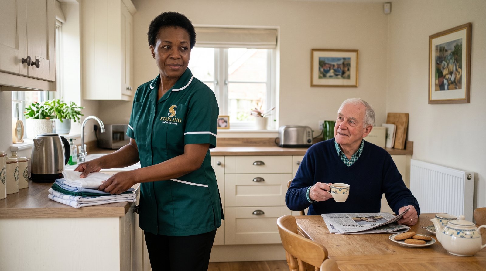 domestic-support-harpenden-hertfordshire-v3-1 A Starling Homecare carer folding laundry in a Harpenden kitchen while the gentleman she supports sits comfortably at the table, an example of domestic support in Harpenden.