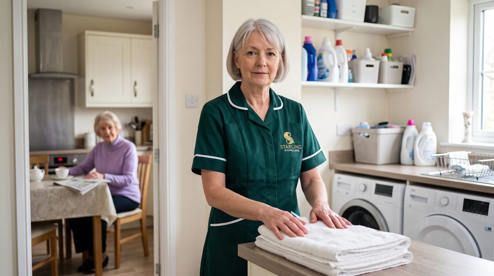 Domestic support in Welwyn Garden City and Hatfield A Starling Homecare carer folding fresh laundry in a utility room while an older woman reads in the kitchen, domestic support in Welwyn Garden City.