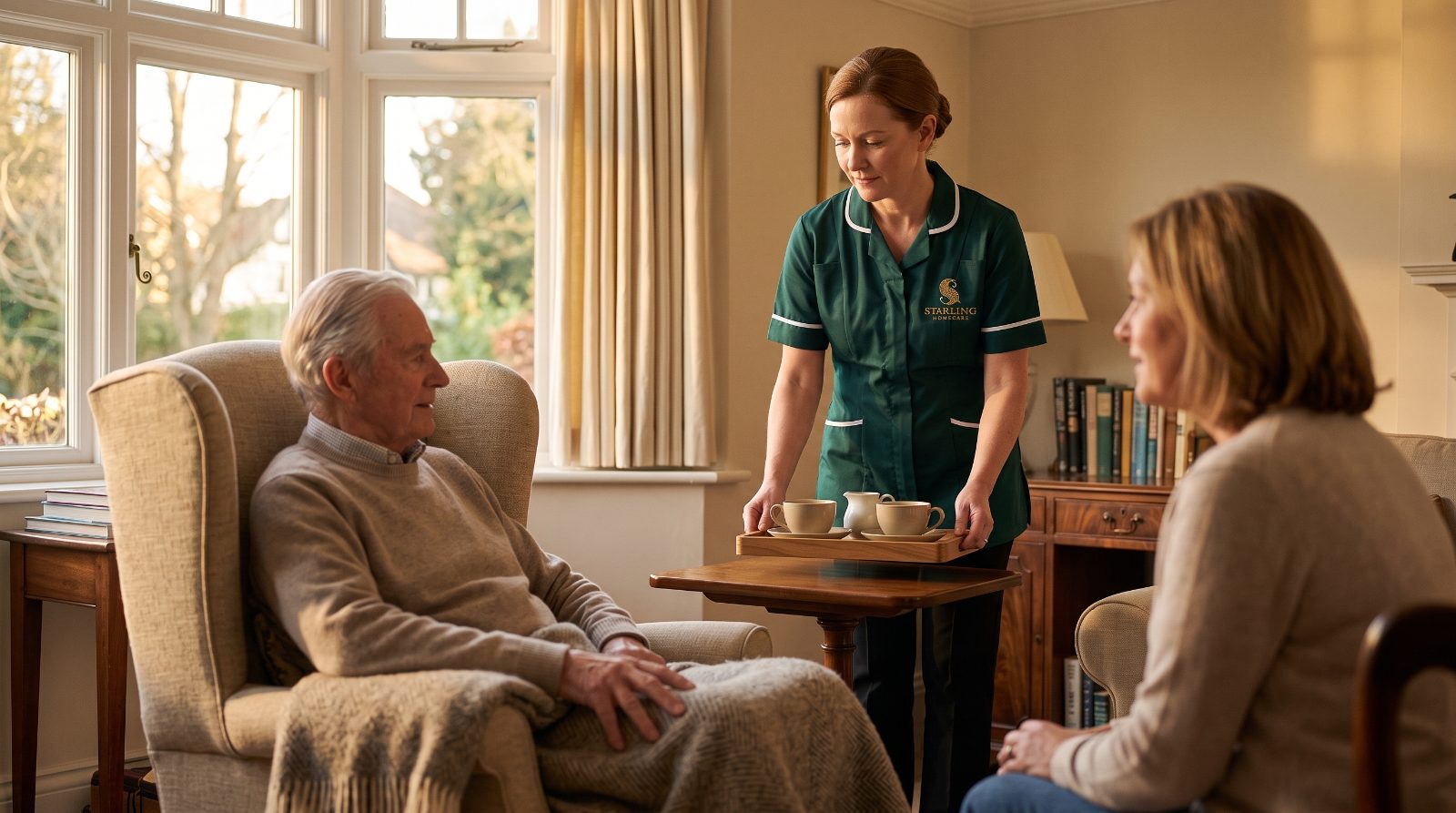 End of life care at home in Harpenden A Starling Homecare carer bringing tea while a daughter sits with her father in a Harpenden sitting room during end of life care.
